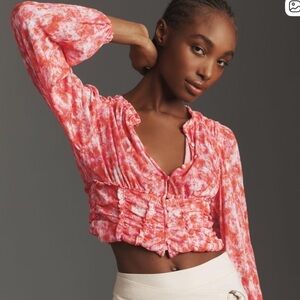 Anthropologie Long Sleeve Femme Ruched Pink Orange Top